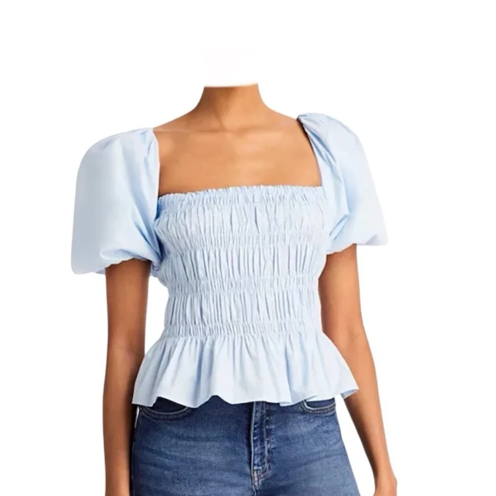 Astr Light Blue Smocked Puff Sleeve Blouse Size Medium